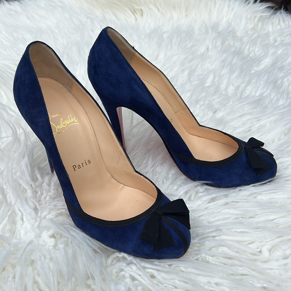 Christian Louboutin Blue Suede High Heels With Black Bow size 38